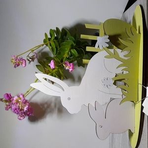 Wood Easter Spring Holiday Table Decoration Rabbit Easter Egg Fence Flower Shelf
